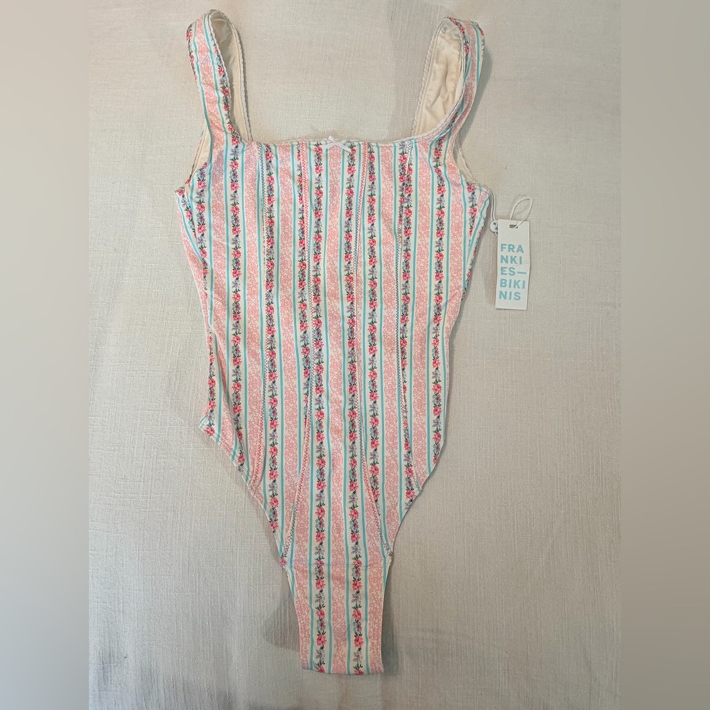 Frankie's Bikinis Etta One-Piece Swimsuit-Pink, White & Aqua Floral. New w tags!